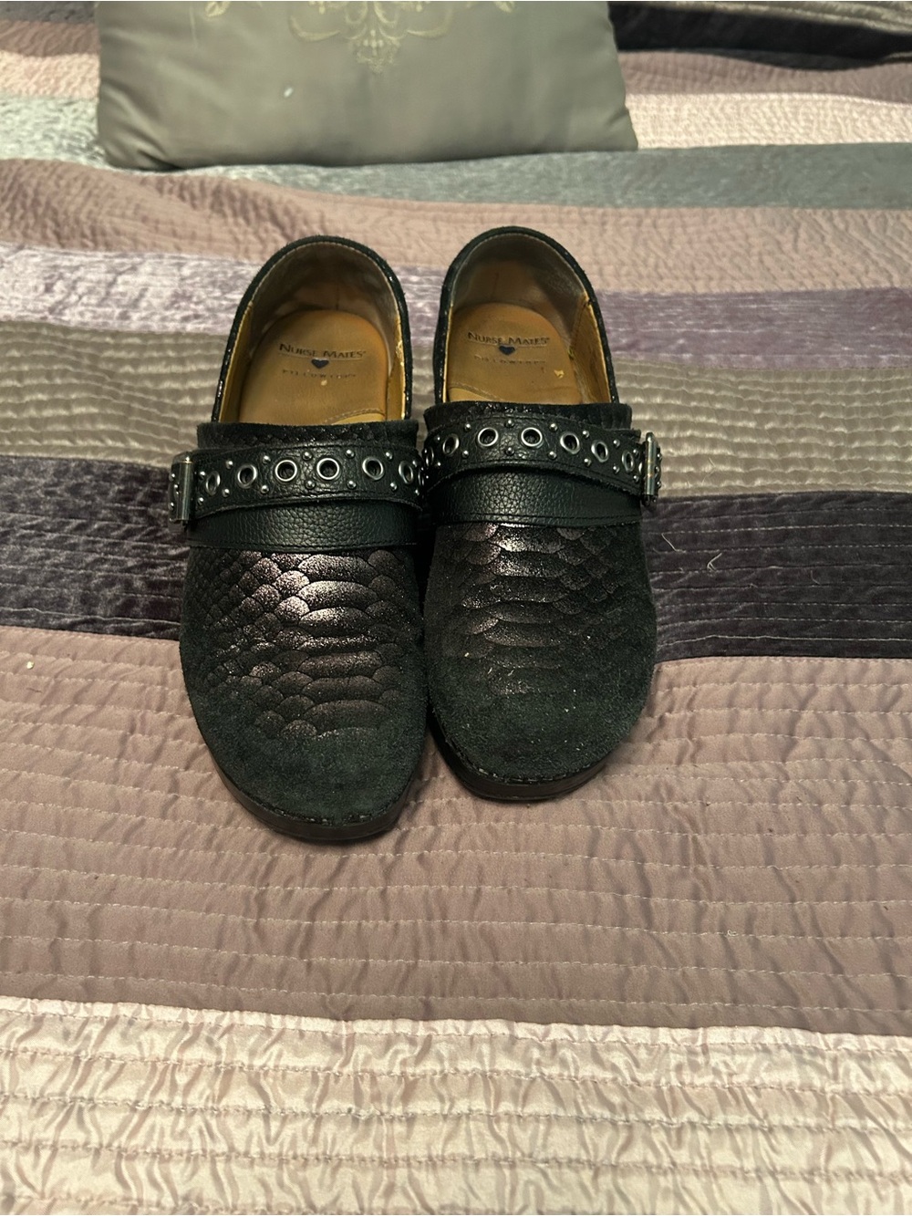 Black Ladies Nurse Mate snake skin print  Slip-On with Studded Strap